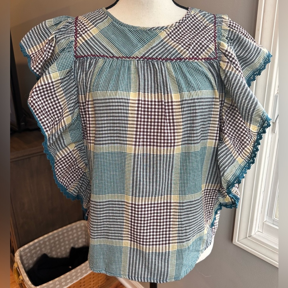 World Market Plaid Flutter Sleeve Smocked Blouse Crochet Trim Cottage Boho S/M